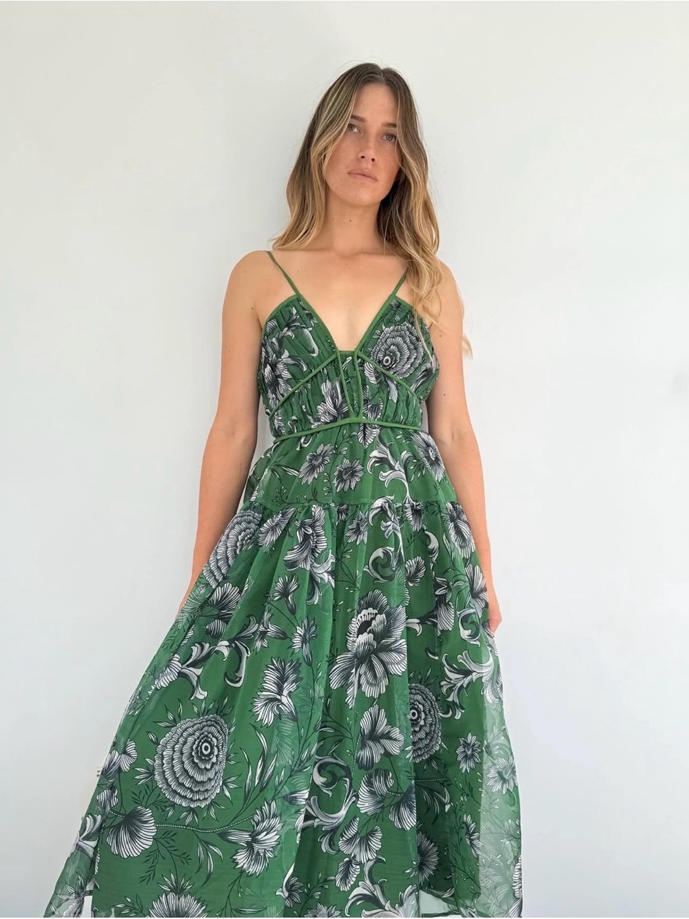 Anthropologie Green Floral Midi Dress with Spaghetti Straps